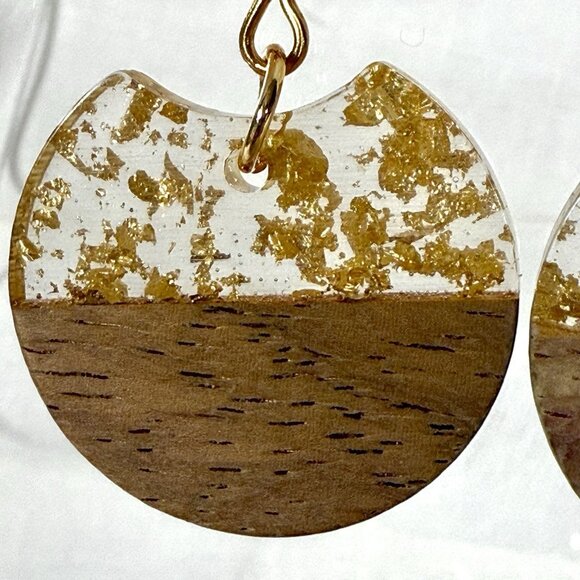 Boho Gold Tone Wood Resin Dangle Earrings – Round Drop with Gold Leaf Accents 2" - Picture 2 of 3